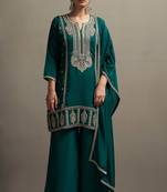 Green silk blend embroidered mirror work ethnic kurta set with matching dupatta