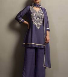 Violet silk blend embroidered thread work ethnic kurta set with matching dupatta