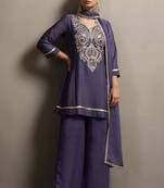 Violet silk blend embroidered thread work ethnic kurta set with matching dupatta