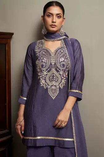 Violet silk blend embroidered thread work ethnic kurta set with matching dupatta