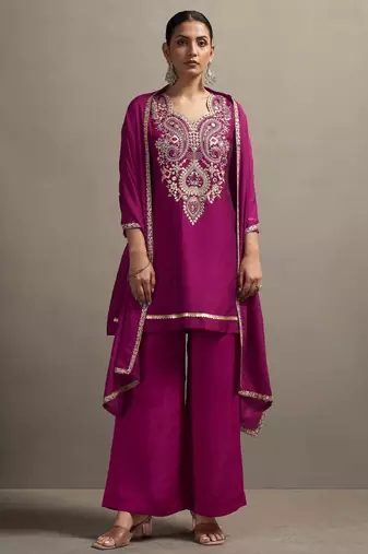 Red silk blend embroidered thread work ethnic kurta set with matching dupatta