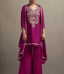 Red silk blend embroidered thread work ethnic kurta set with matching dupatta