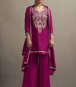Red silk blend embroidered thread work ethnic kurta set with matching dupatta