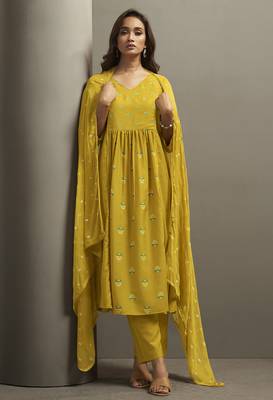 Mustard chinon floral printed ethnic kurta set with matching dupatta 1