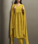 Mustard chinon floral printed ethnic kurta set with matching dupatta