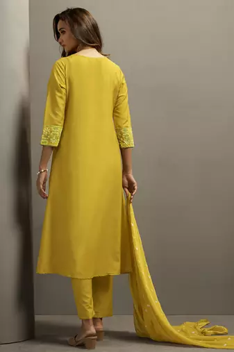 Mustard chinon floral printed ethnic kurta set with matching dupatta