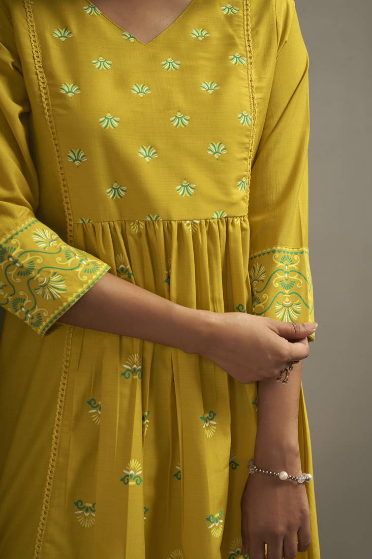 Mustard chinon floral printed ethnic kurta set with matching dupatta