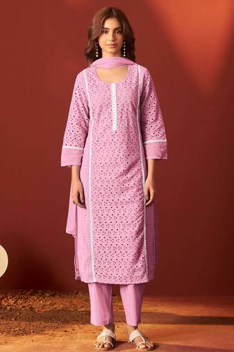 Pink pure cotton embroidered chikankari ethnic kurta set with matching dupatta