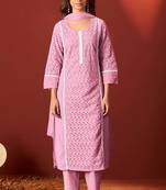 Pink pure cotton embroidered chikankari ethnic kurta set with matching dupatta