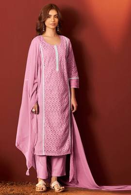 Pink pure cotton embroidered chikankari ethnic kurta set with matching dupatta 2