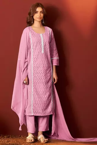 Pink pure cotton embroidered chikankari ethnic kurta set with matching dupatta