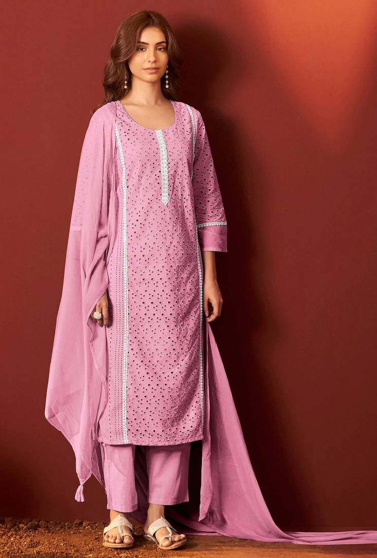 Pink pure cotton embroidered chikankari ethnic kurta set with matching dupatta