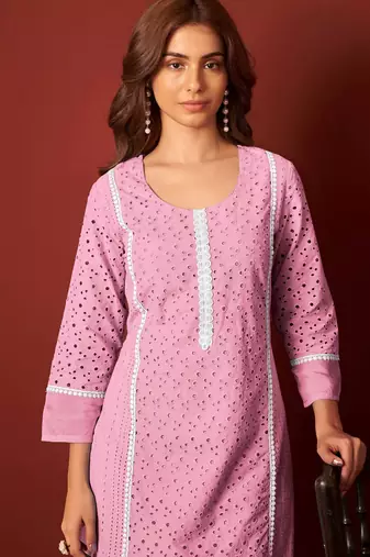Pink pure cotton embroidered chikankari ethnic kurta set with matching dupatta