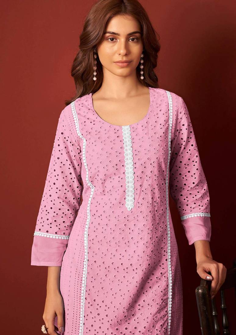 Pink pure cotton embroidered chikankari ethnic kurta set with matching dupatta
