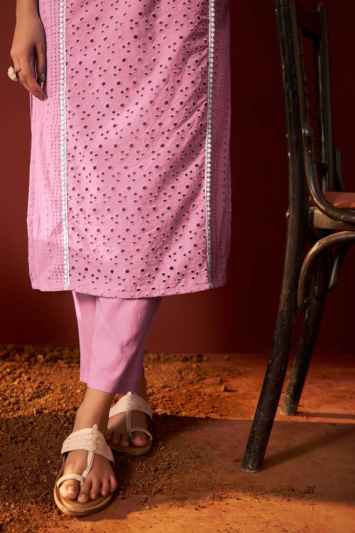 Pink pure cotton embroidered chikankari ethnic kurta set with matching dupatta