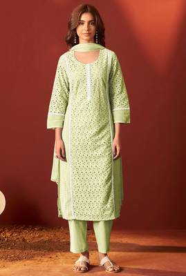 Green pure cotton embroidered chikankari ethnic kurta set with matching dupatta 1