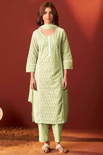 Green pure cotton embroidered chikankari ethnic kurta set with matching dupatta