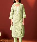 Green pure cotton embroidered chikankari ethnic kurta set with matching dupatta