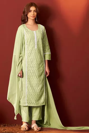 Green pure cotton embroidered chikankari ethnic kurta set with matching dupatta