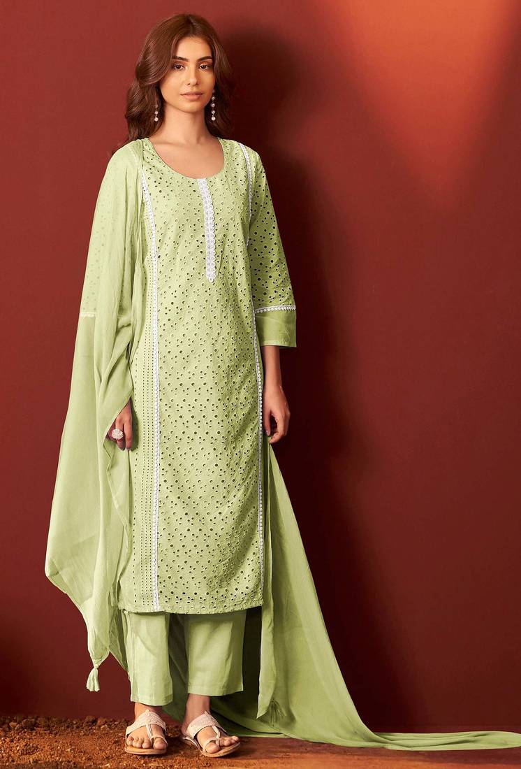 Green pure cotton embroidered chikankari ethnic kurta set with matching dupatta