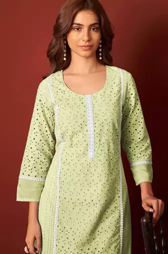 Green pure cotton embroidered chikankari ethnic kurta set with matching dupatta