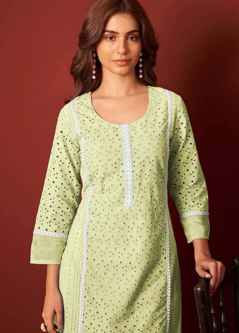 Green pure cotton embroidered chikankari ethnic kurta set with matching dupatta