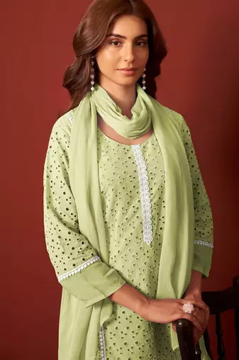 Green pure cotton embroidered chikankari ethnic kurta set with matching dupatta