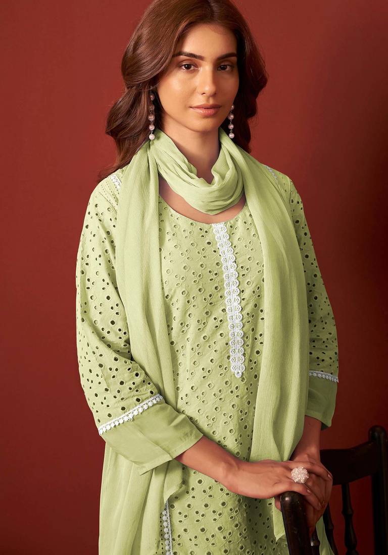 Green pure cotton embroidered chikankari ethnic kurta set with matching dupatta