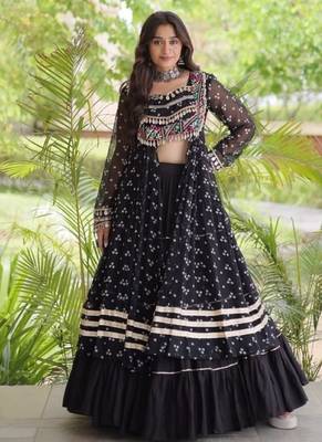 Black Cotton Readymade Navratri Lehenga Choli with Bandhej & Patchework 1