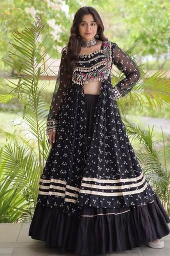 Black Cotton Readymade Navratri Lehenga Choli with Bandhej & Patchework