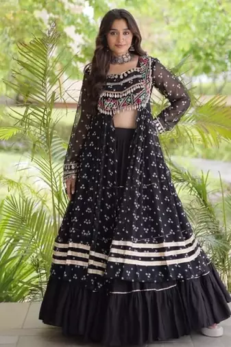 Black Cotton Readymade Navratri Lehenga Choli with Bandhej & Patchework