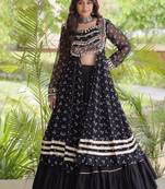 Black Cotton Readymade Navratri Lehenga Choli with Bandhej & Patchework
