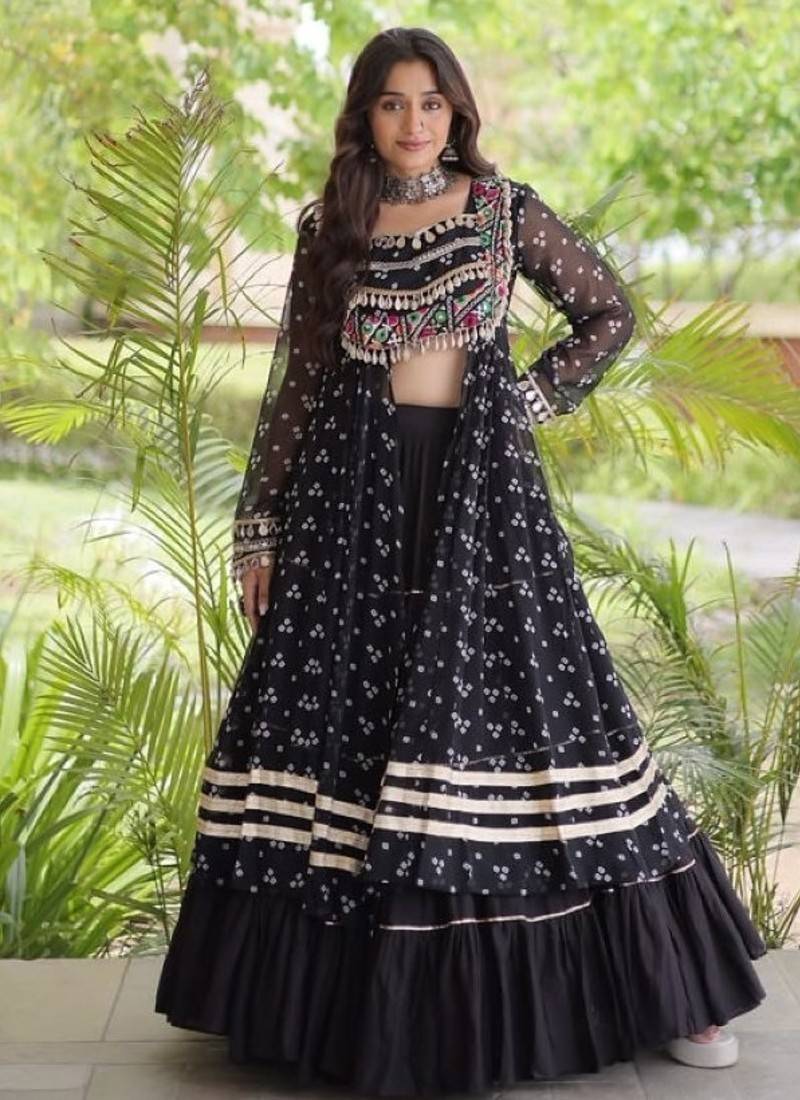 Black Cotton Readymade Navratri Lehenga Choli with Bandhej & Patchework