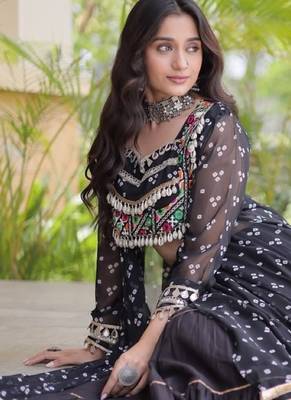 Black Cotton Readymade Navratri Lehenga Choli with Bandhej & Patchework 2