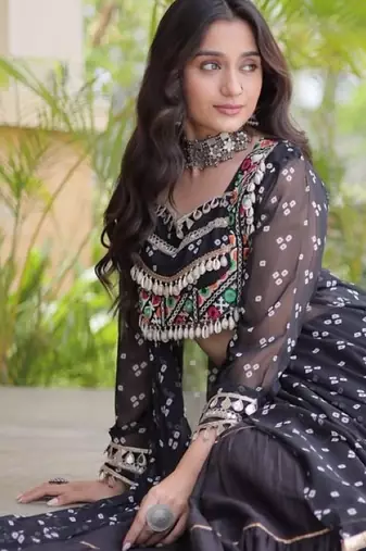 Black Cotton Readymade Navratri Lehenga Choli with Bandhej & Patchework