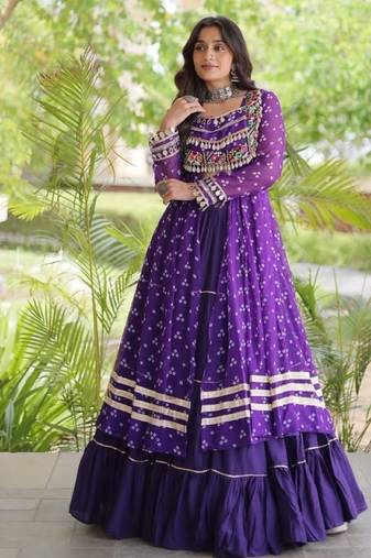 Violet Cotton Readymade Navratri Lehenga Choli with Bandhej & Patchework