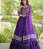 Violet Cotton Readymade Navratri Lehenga Choli with Bandhej & Patchework