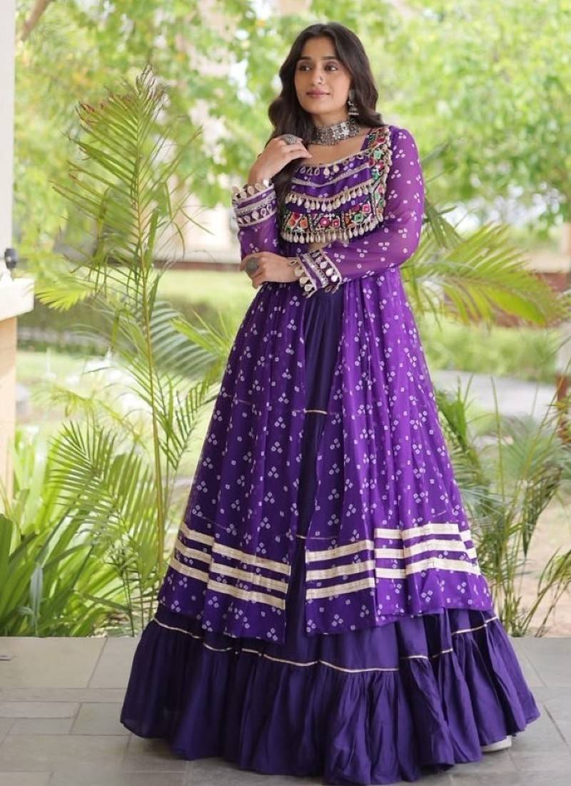 Violet Cotton Readymade Navratri Lehenga Choli with Bandhej & Patchework