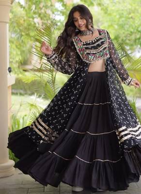 Black Cotton Readymade Navratri Lehenga Choli with Bandhej & Patchework 3