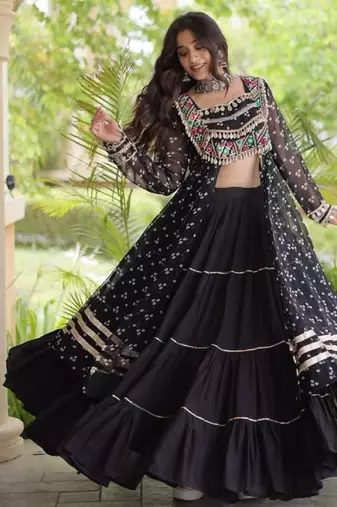 Black Cotton Readymade Navratri Lehenga Choli with Bandhej & Patchework