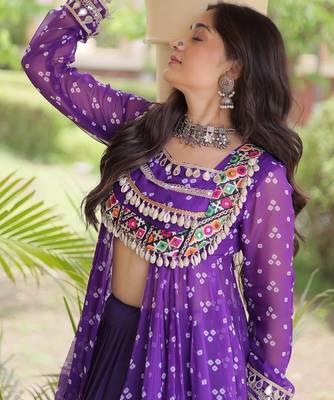 Violet Cotton Readymade Navratri Lehenga Choli with Bandhej & Patchework 2