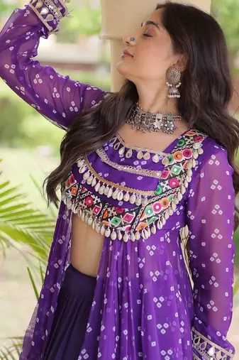 Violet Cotton Readymade Navratri Lehenga Choli with Bandhej & Patchework
