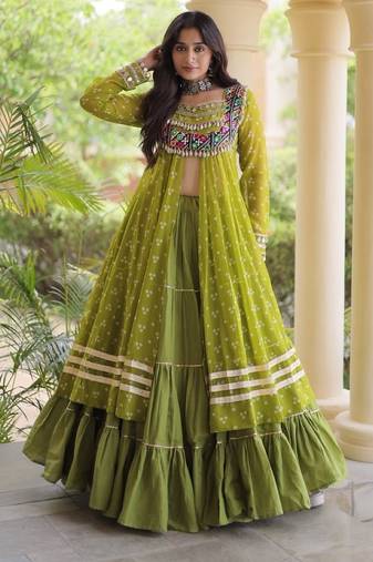 Green Cotton Readymade Navratri Lehenga Choli with Bandhej & Patchework