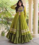 Green Cotton Readymade Navratri Lehenga Choli with Bandhej & Patchework