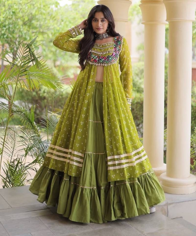 Green Cotton Readymade Navratri Lehenga Choli with Bandhej & Patchework