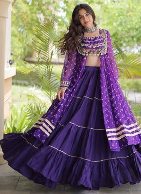 Violet Cotton Readymade Navratri Lehenga Choli with Bandhej & Patchework 3