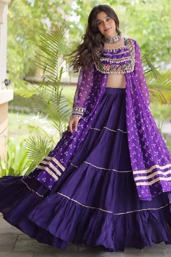 Violet Cotton Readymade Navratri Lehenga Choli with Bandhej & Patchework