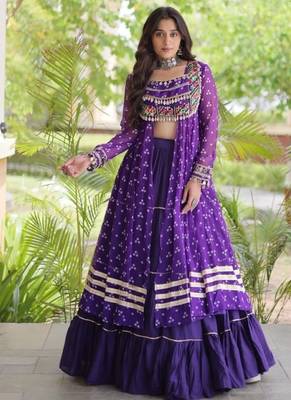 Violet Cotton Readymade Navratri Lehenga Choli with Bandhej & Patchework 4