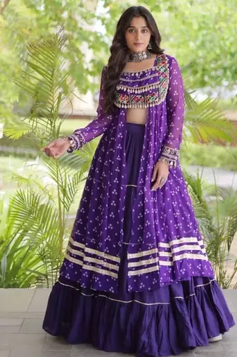 Violet Cotton Readymade Navratri Lehenga Choli with Bandhej & Patchework