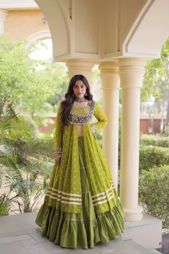 Green Cotton Readymade Navratri Lehenga Choli with Bandhej & Patchework